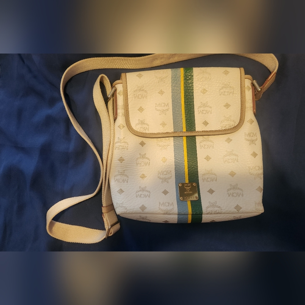 MCM Cream Shoulder Bag with Green and Yellow Accent